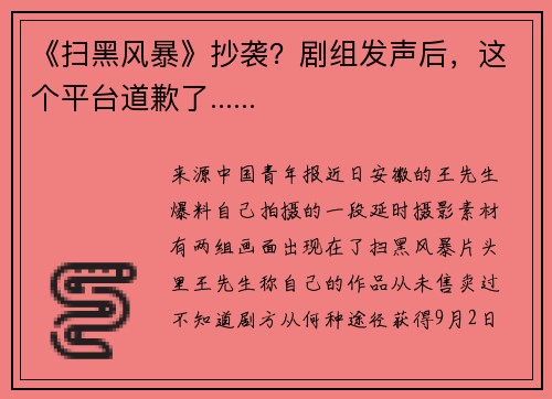《扫黑风暴》抄袭？剧组发声后，这个平台道歉了......