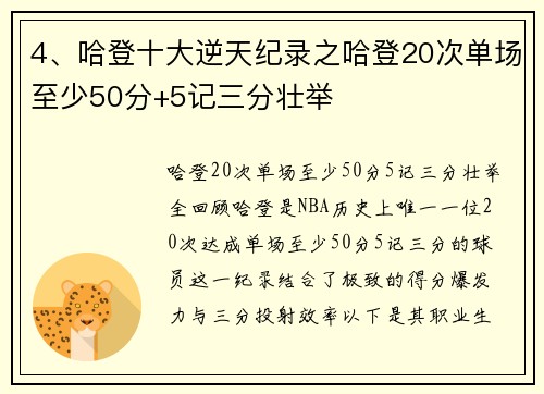 4、哈登十大逆天纪录之哈登20次单场至少50分+5记三分壮举