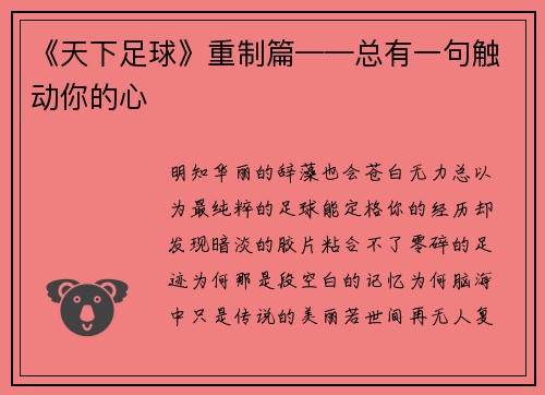 《天下足球》重制篇——总有一句触动你的心