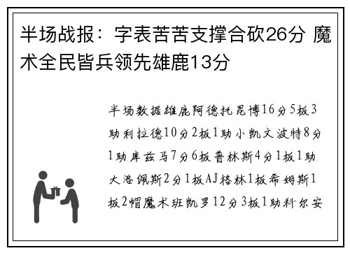 半场战报：字表苦苦支撑合砍26分 魔术全民皆兵领先雄鹿13分