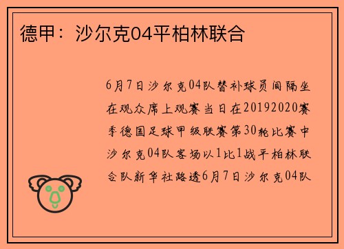 德甲：沙尔克04平柏林联合