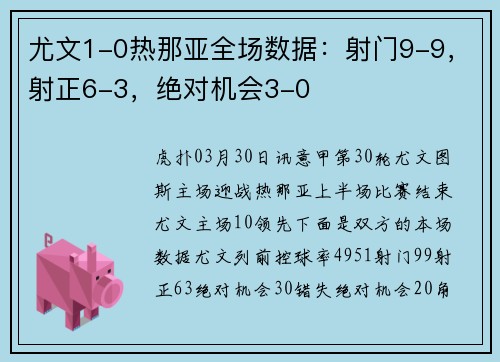 尤文1-0热那亚全场数据：射门9-9，射正6-3，绝对机会3-0