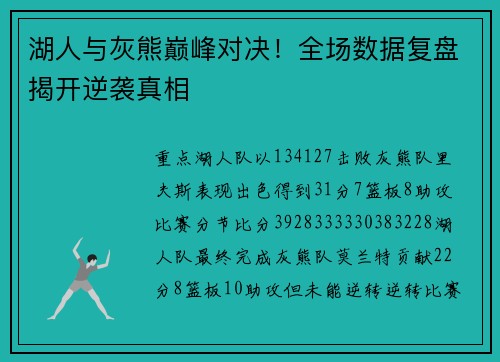 湖人与灰熊巅峰对决！全场数据复盘揭开逆袭真相