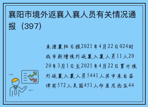 襄阳市境外返襄入襄人员有关情况通报（397）